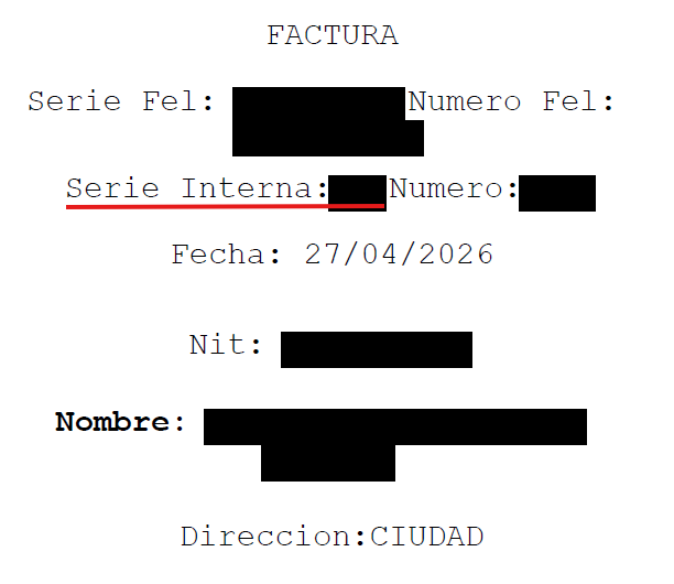 Ubicación de la Serie Interna en la factura